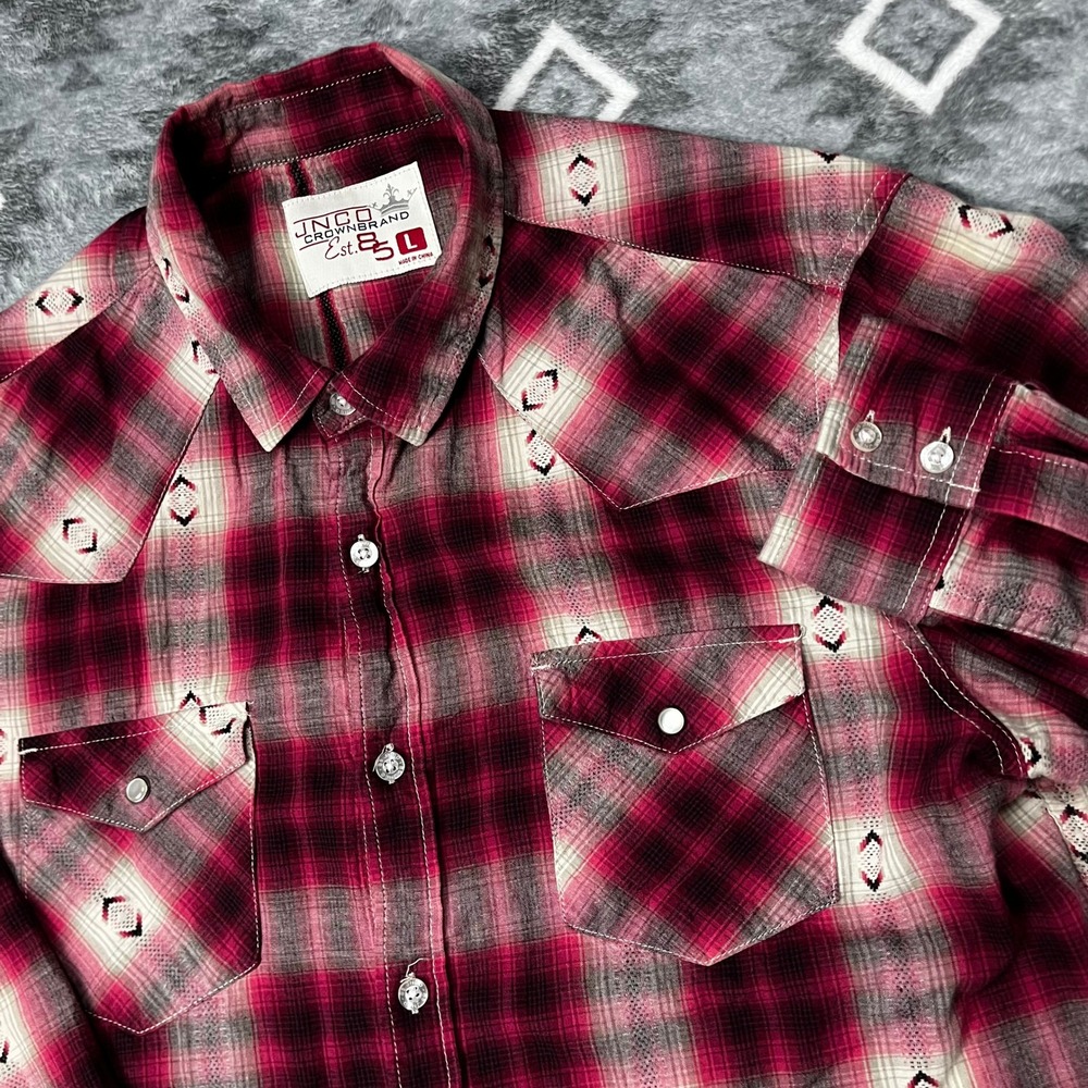 JNCO Crown Brand Mens Large Red Black Plaid Western Snap Flannel Shirt Diamond